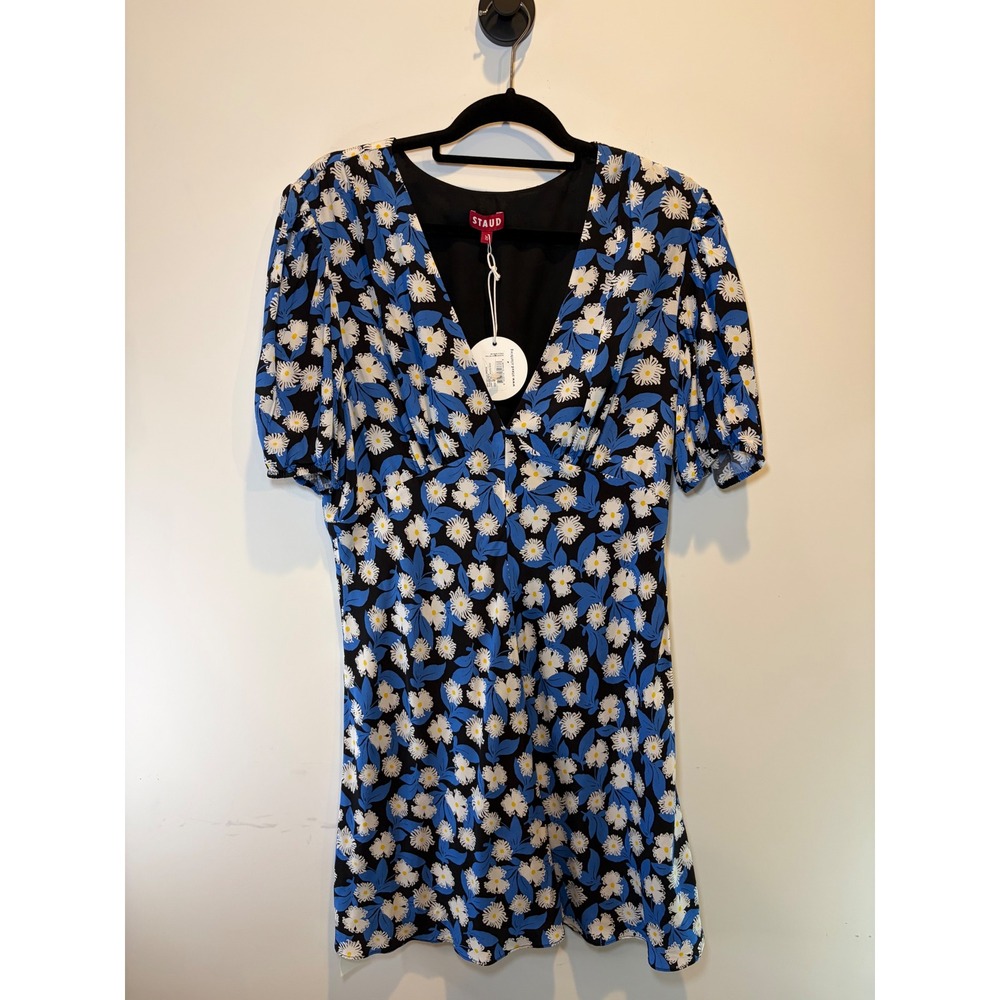 STAUD Mini Milla Dress White Acid Floral Blue Daisy V-Neck Size 16 254-7375
